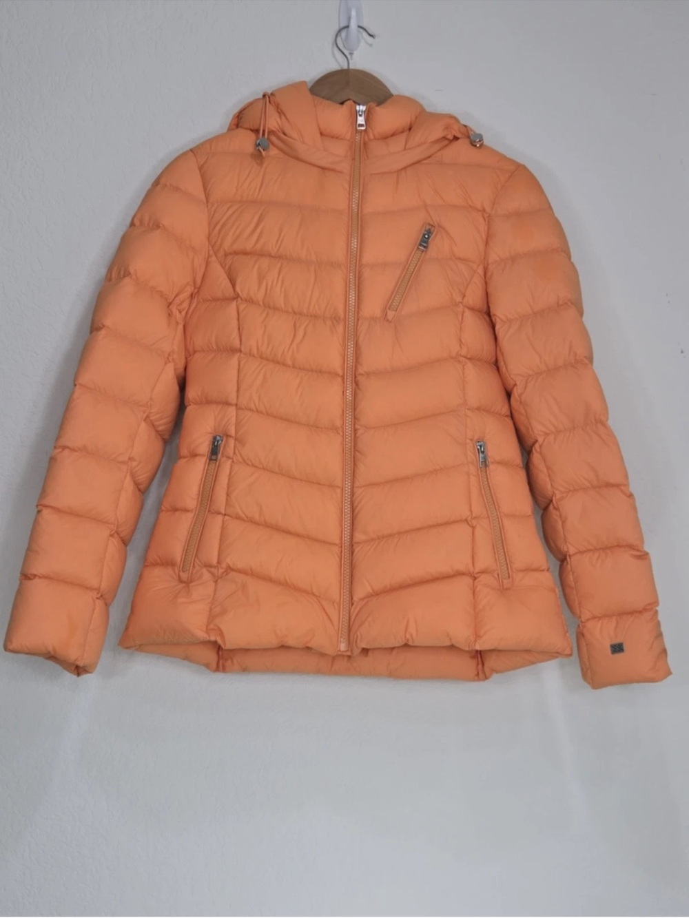 Soia Kyo Daria Hooded Puffer Jacket Orange Duck Down Feathers Size XS Womens